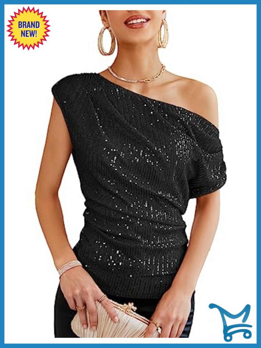 One Shoulder Sequin Sparkly Top Ruched Asymmetrical Glitter Party Shirt